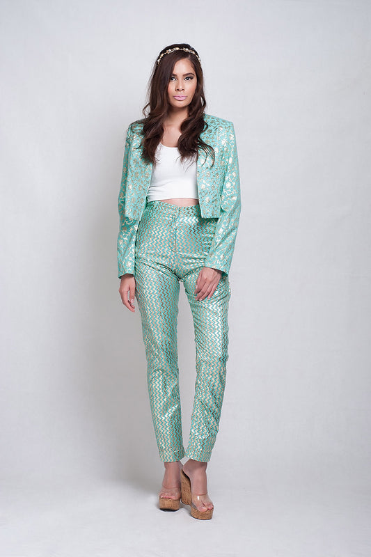 Sea green brocade suit